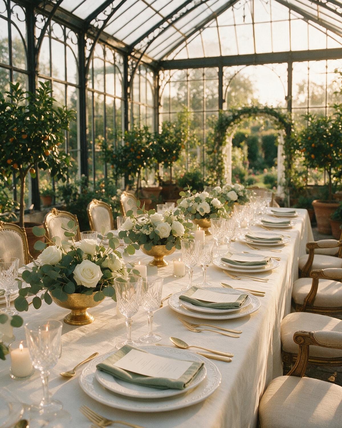 Illustration : table de dîner de mariage dressée dans une orangerie vitrée — nappage ivoire, serviettes de lin vert sauge, verres taillés, couverts dorés, centre de table en roses blanches et bougies