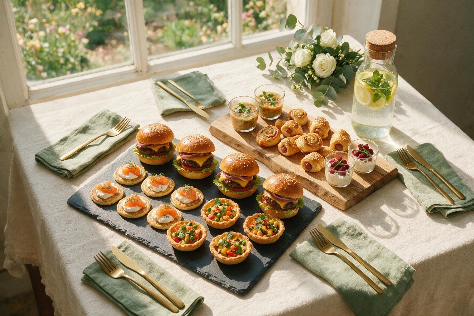 Illustration : vue du dessus d'un plateau de mignardises salées faites maison — mini-burgers, blinis au saumon, tartelettes, verrines — sur ardoise et planche de bois, serviettes de lin vert sauge et couverts dorés