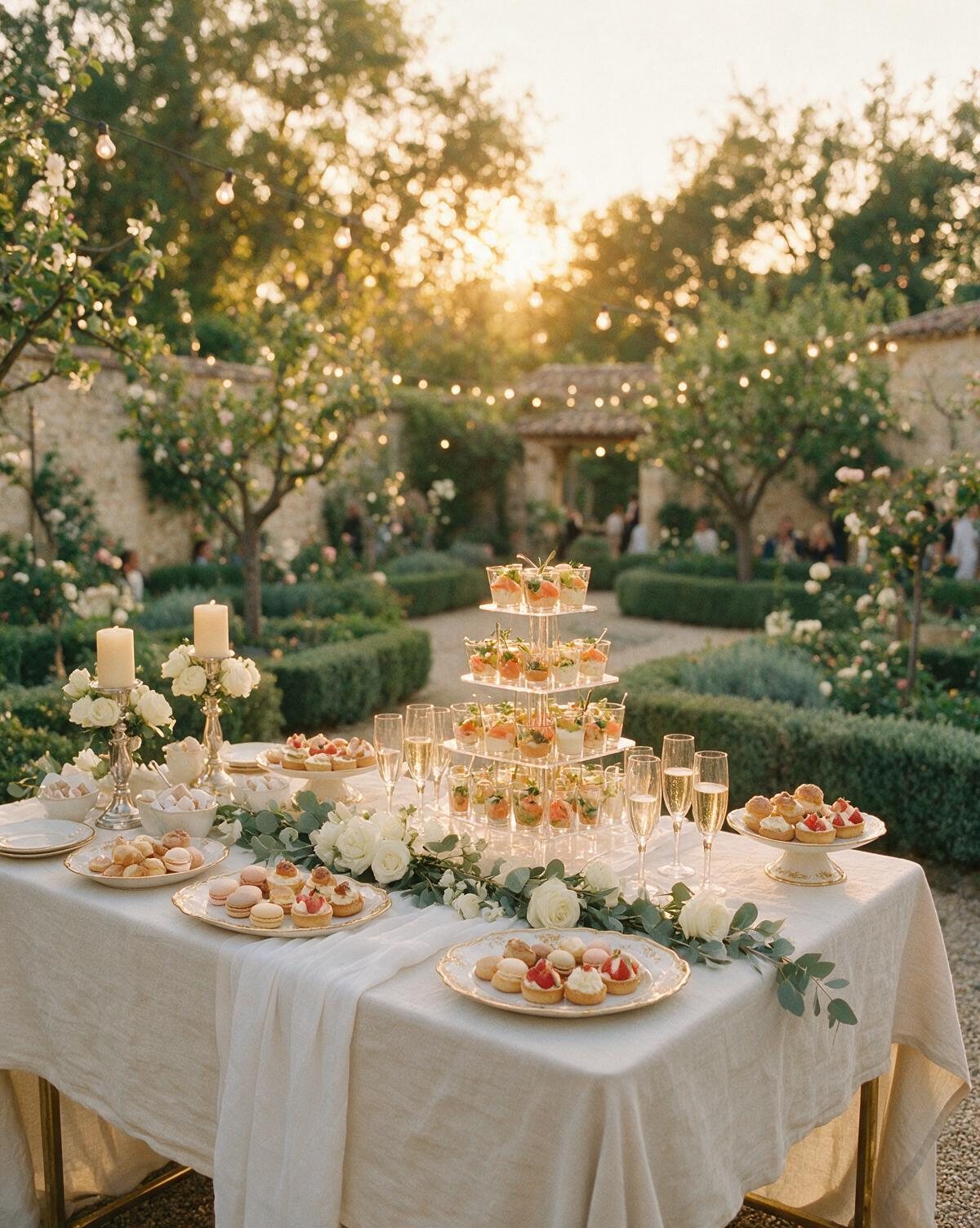 Illustration : vin d'honneur de mariage dans un jardin clos à l'heure dorée, buffet drapé d'ivoire, pyramide de verrines, coupes de champagne et roses blanches