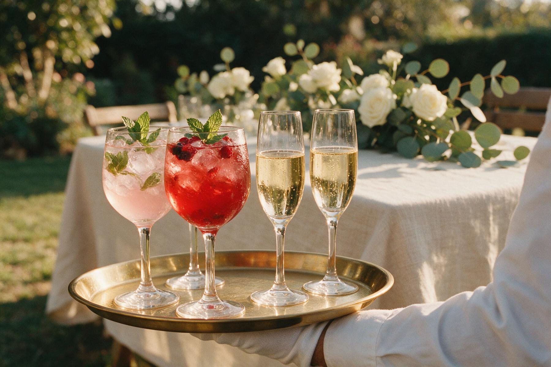 Illustration : plateau de coupes de champagne et de cocktails maison servis lors d'un vin d'honneur en extérieur, à l'heure dorée