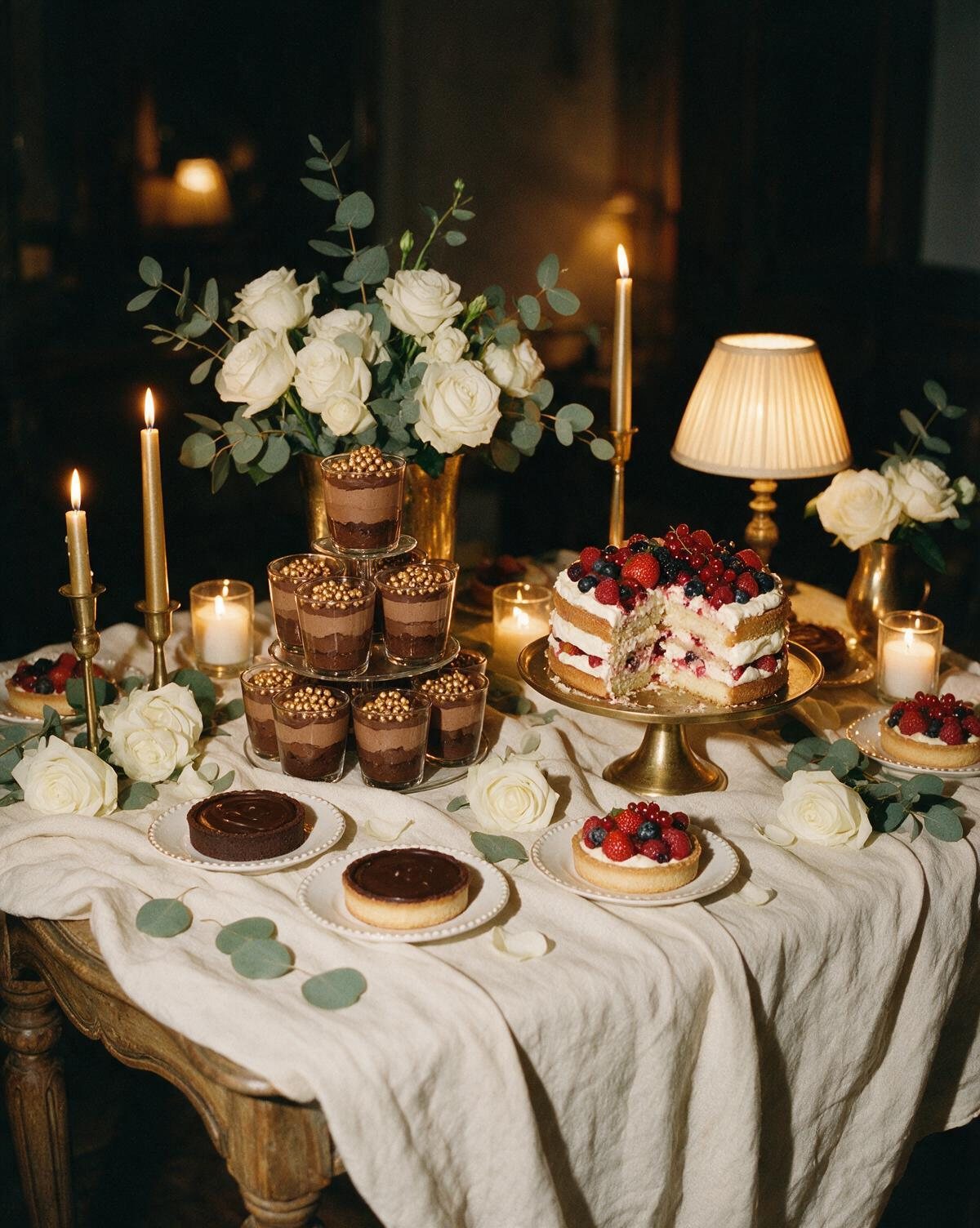 Illustration : table de desserts en fin de soirée de mariage, gâteau aux fruits rouges entamé, verrines au chocolat, tartelettes, roses blanches et bougies allumées sur une nappe de lin