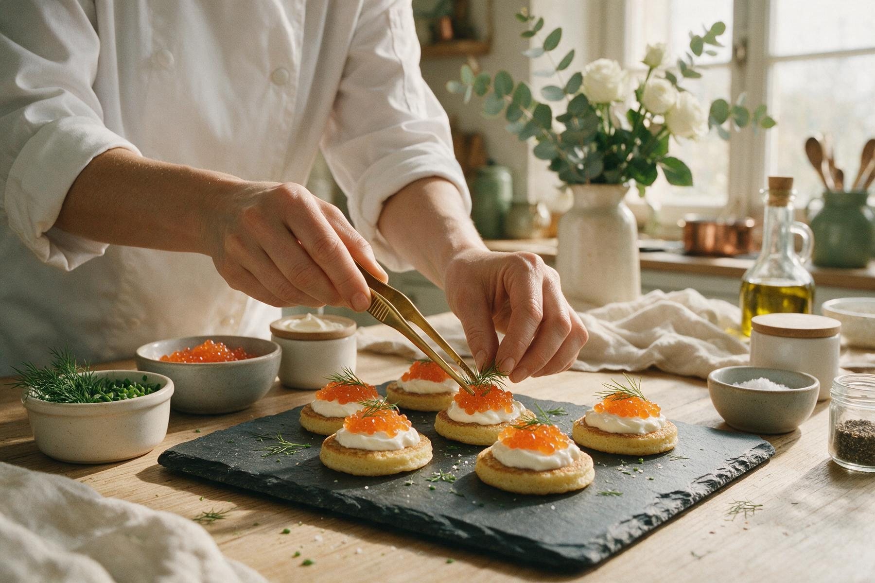 Illustration : deux mains en veste de cuisine dressent à la pince des blinis au saumon et à l'aneth sur une ardoise, dans un atelier éclairé par une fenêtre