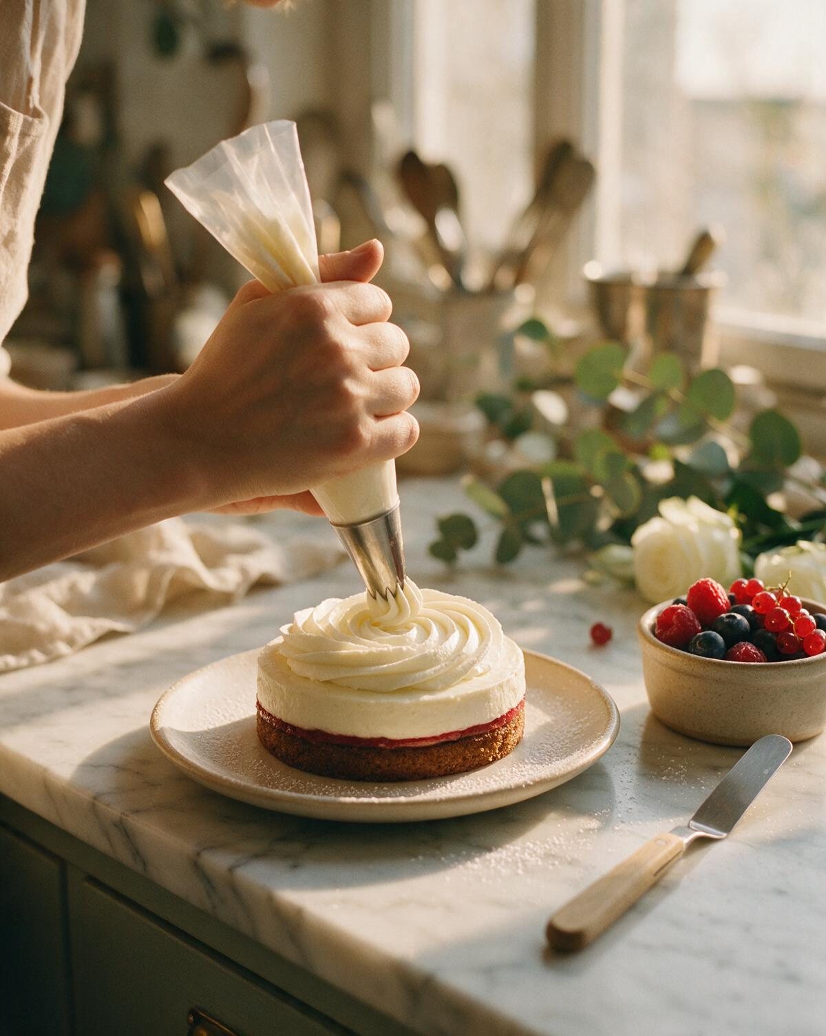 Une main pose à la poche à douille une rosace de crème sur un entremets, dans un atelier de pâtisserie éclairé par une fenêtre