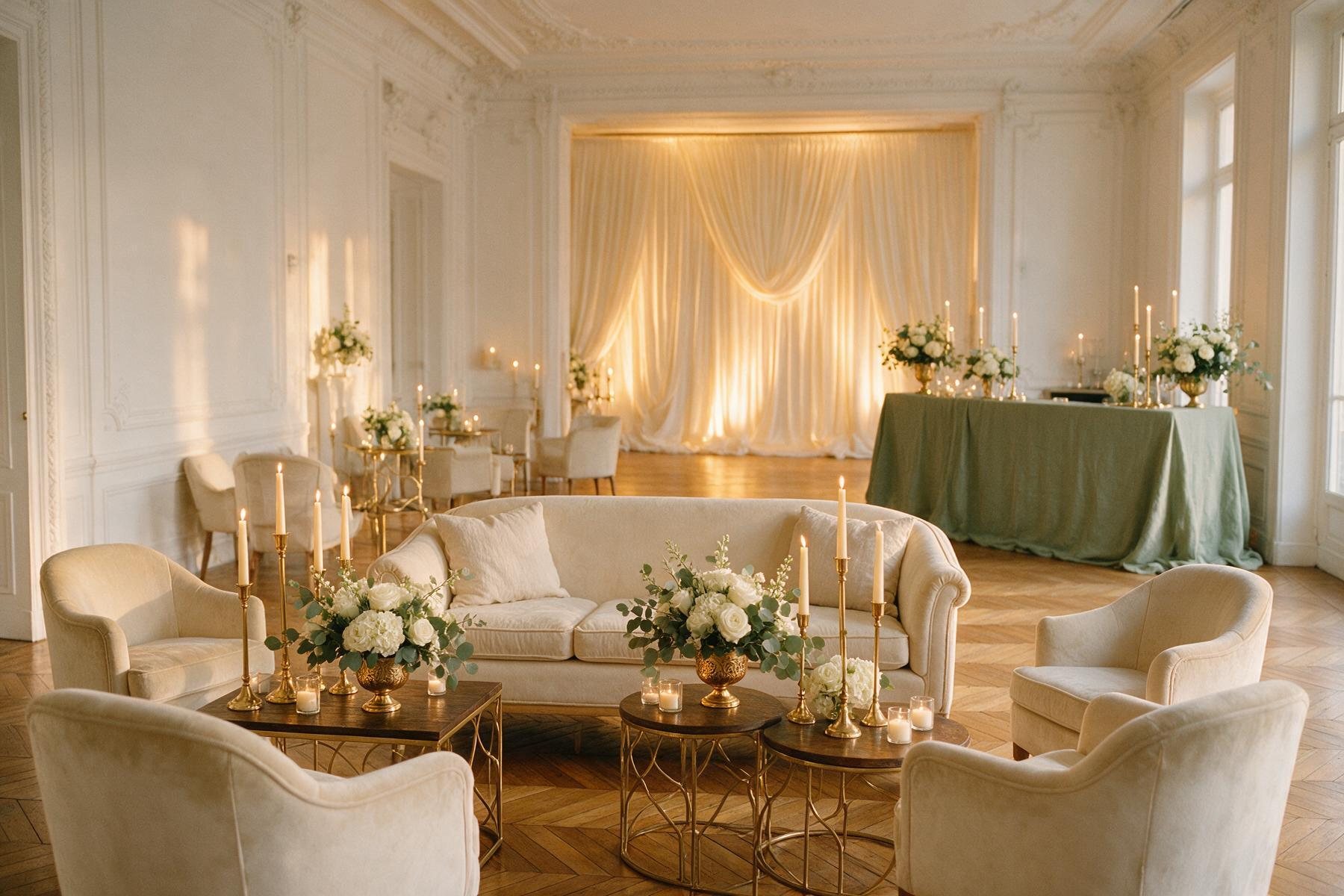 Illustration : scénographie d'événement d'entreprise dans un salon parisien — lounge en velours crème, chandeliers dorés, roses blanches, fond de scène en drapé ivoire rétroéclairé et table habillée de lin vert sauge