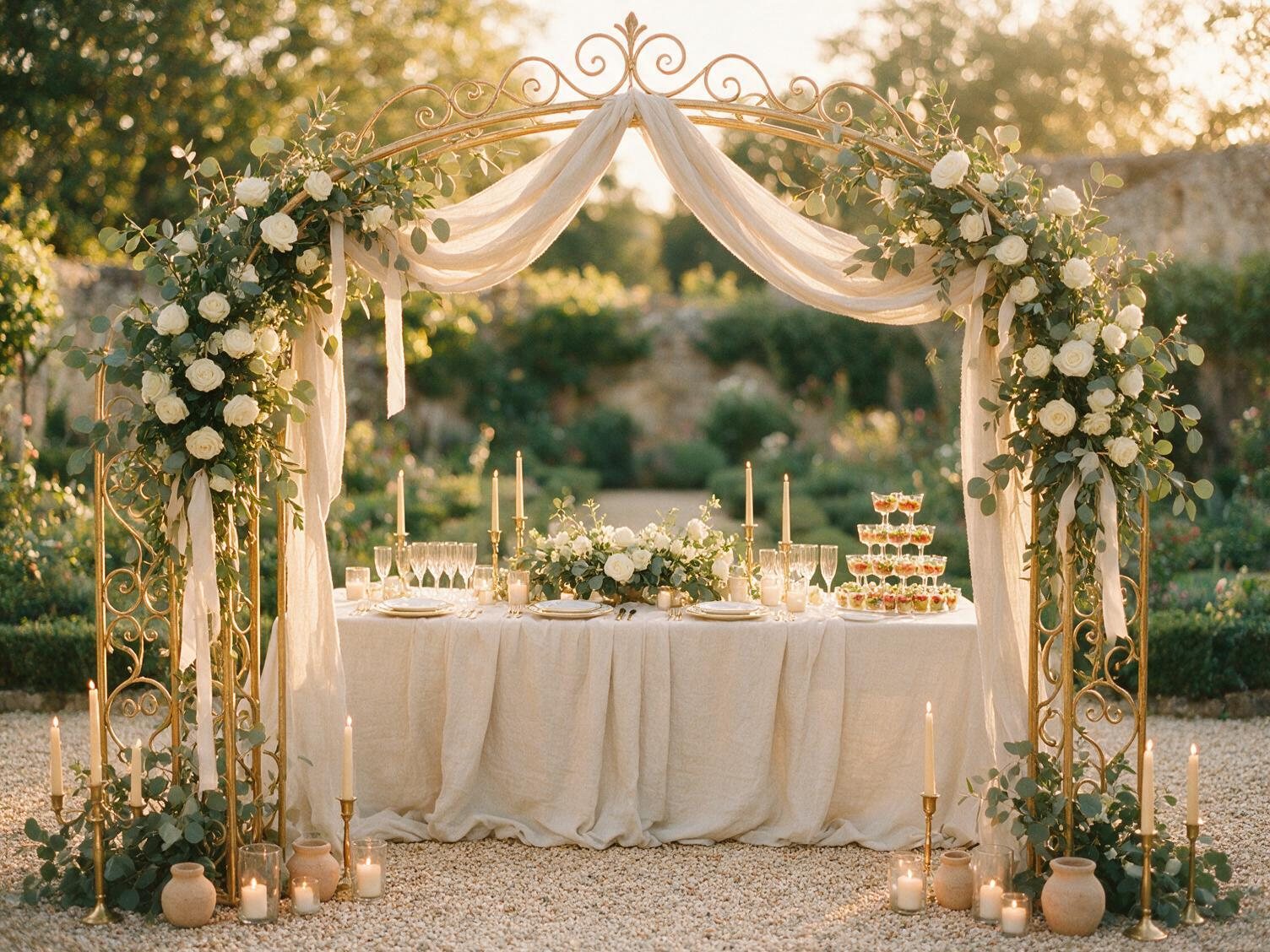 Arche de bienvenue dorée habillée de roses blanches et d'eucalyptus, drapé de lin ivoire, table dressée et pyramide de verrines derrière, à l'heure dorée
