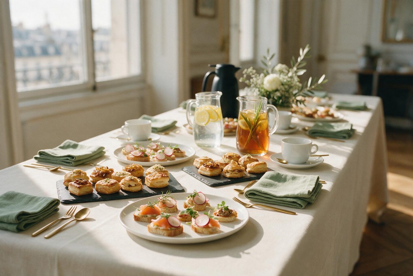 Illustration : table de pause de séminaire. Plateaux de mignardises salées et de feuilletés, carafes d'eau citronnée et de thé glacé, café et tasses en porcelaine, serviettes en lin vert sauge, couverts dorés et composition de fleurs blanches