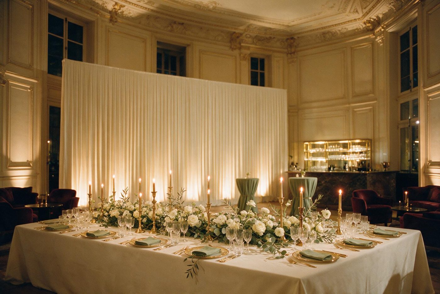 Illustration : scénographie de soirée d'entreprise dans une salle de réception parisienne. Table de banquet drapée d'ivoire, chandeliers dorés et bougies allumées, garniture de roses blanches et d'eucalyptus, serviettes vert sauge, assises en velours bordeaux, lumière chaude du soir